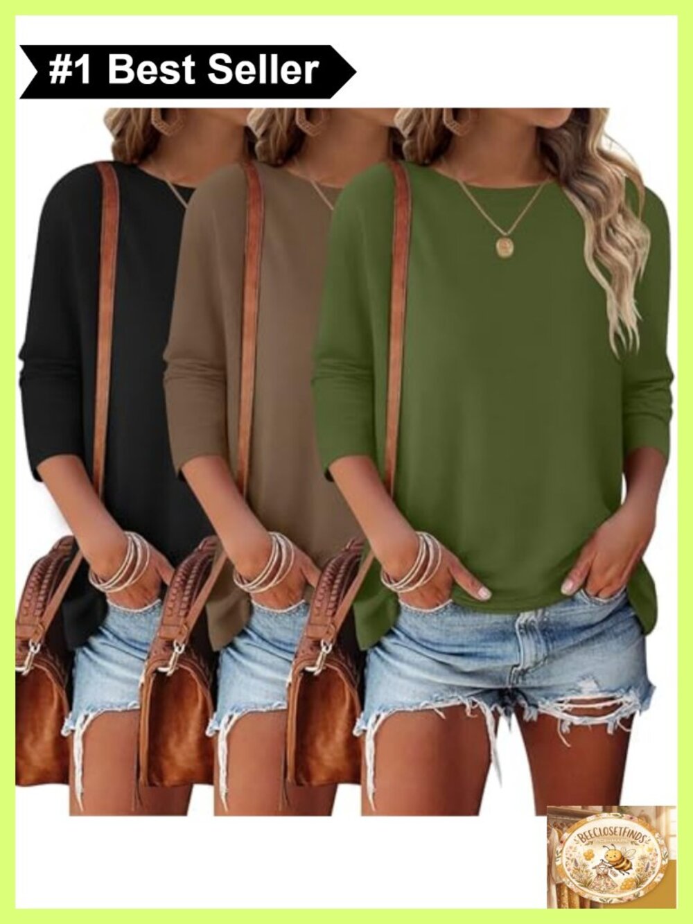Womens 3/4 Sleeve Crewneck T-Shirts Basic Casual Tees 3 Pack